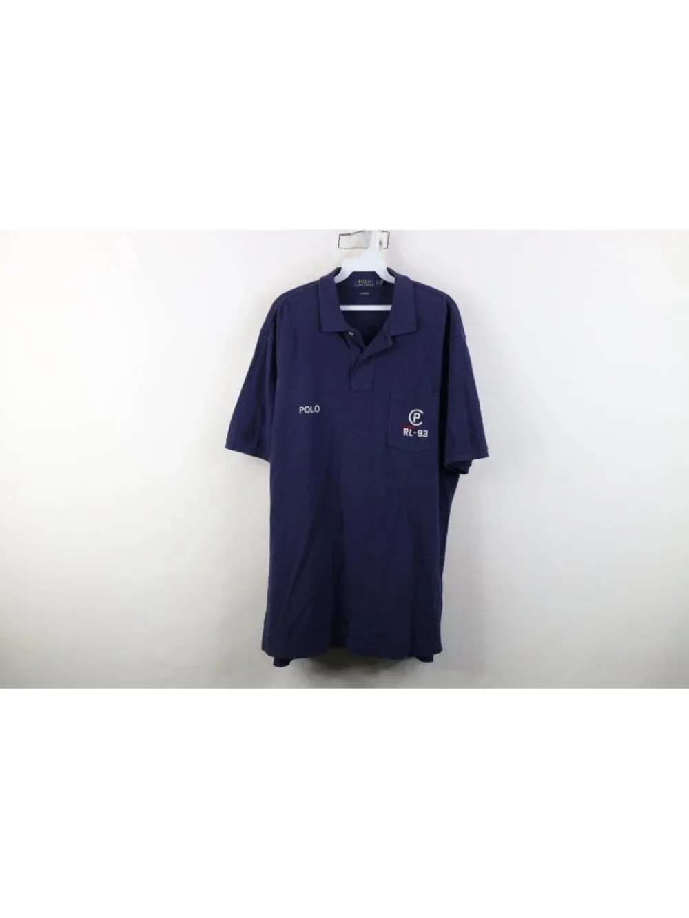 Vintage Ralph Lauren Mens Large Spell Out CP RL 93 Collared Golf Polo Shirt Blue